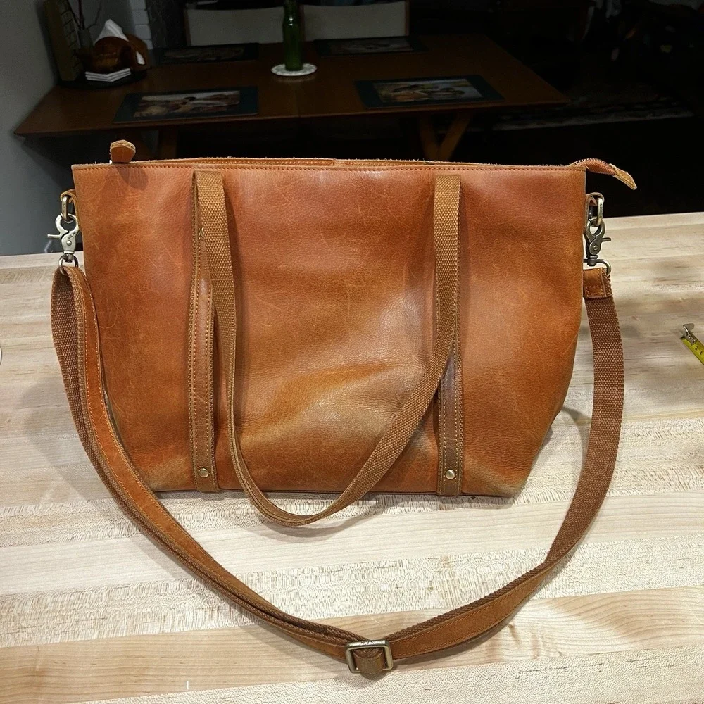 Szone Brown Cowhide Leather Tote Bag, Zipper Closure, Dual Strap, Large Size